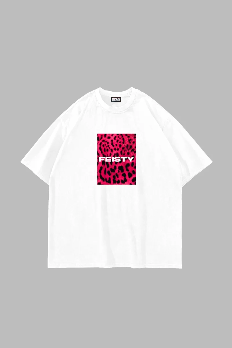Feisty Baskılı Oversize Unisex Beyaz Tshirt