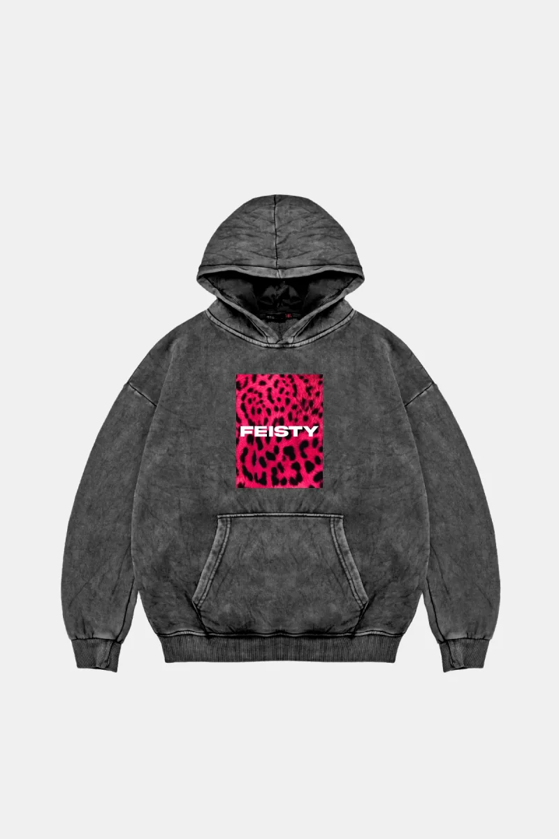 Feisty Oversize Unisex Yıkamalı Siyah Hoodie