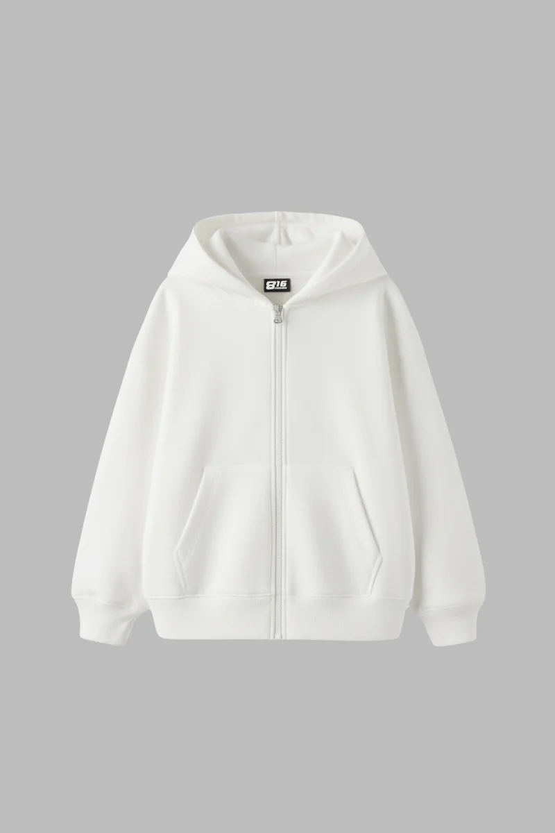 Fermuarlı Basic Zip Kapüşonlu Unisex Beyaz Sweatshirt