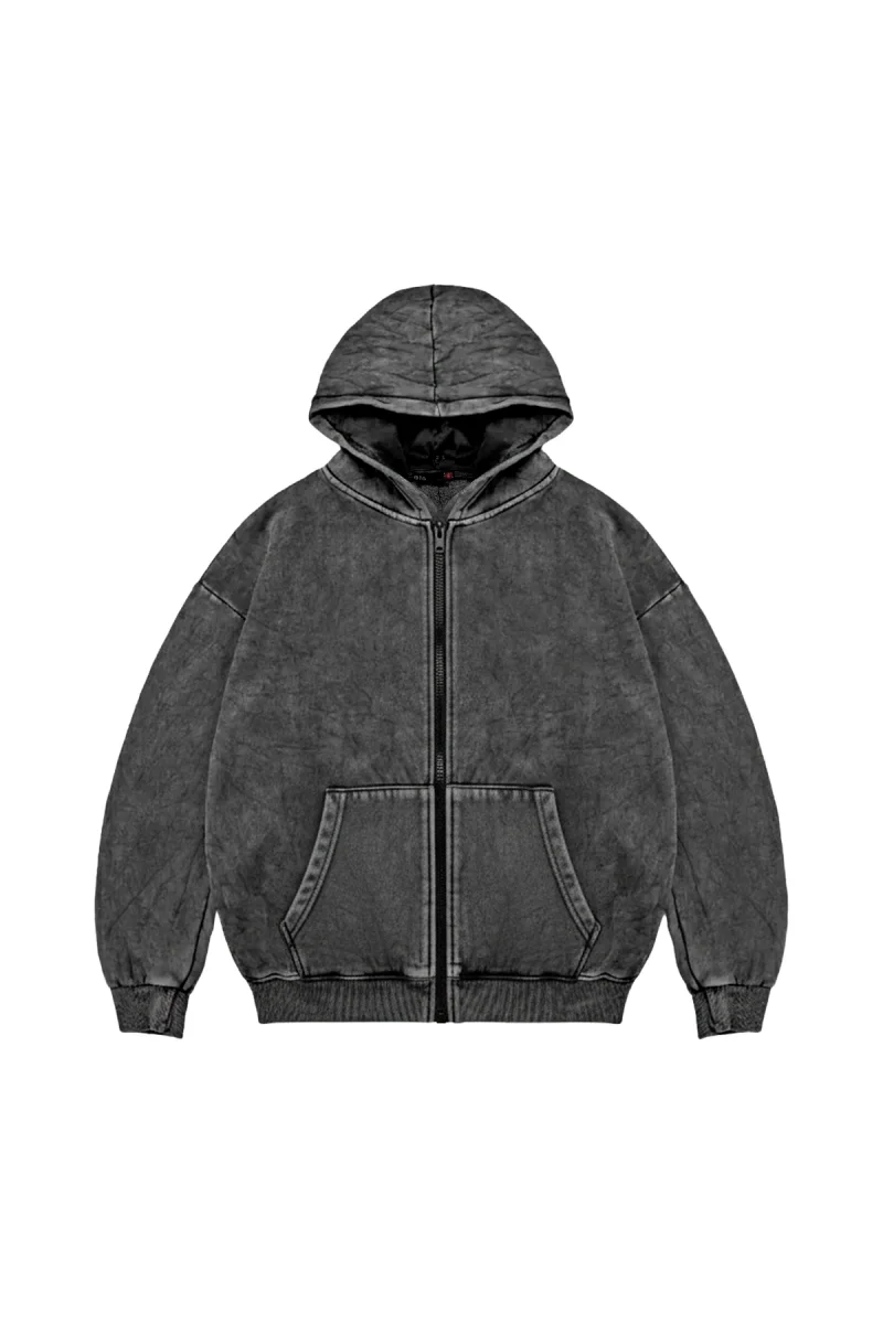 Fermuarlı Basic Zip Kapüşonlu Unisex Yıkamalı Siyah Sweatshirt