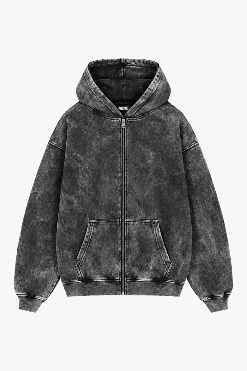 Fermuarlı Basic Zip Kapüşonlu Unisex Yıkamalı Siyah Sweatshirt