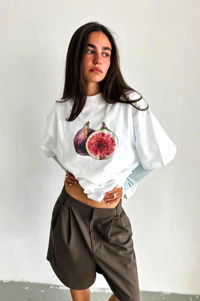 Ficus Carica Baskılı Beyaz Oversize Tshirt