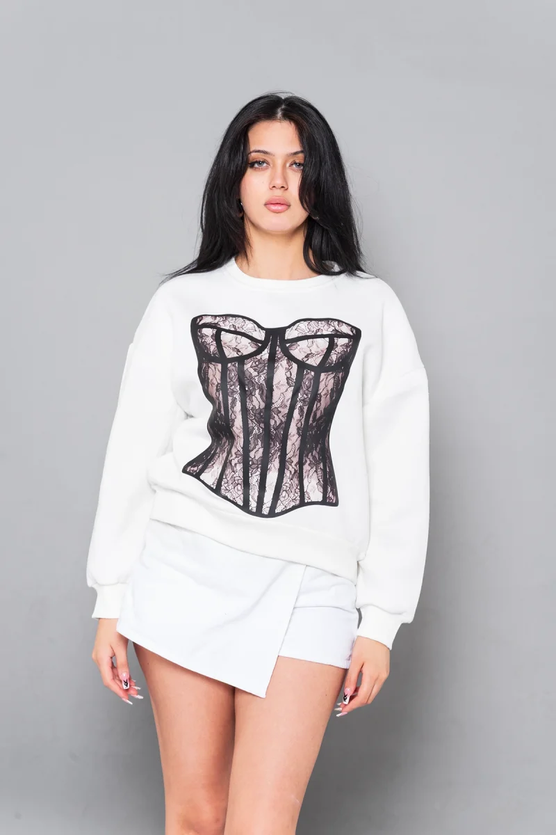 Fit Corset Baskılı Kapüşonsuz Relaxed Fit Kadın Beyaz Sweatshirt