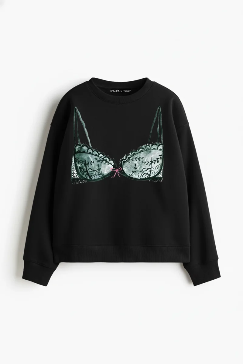 Fiyonk Bikini Baskılı Kapüşonsuz Relaxed Fit Kadın Siyah Sweatshirt