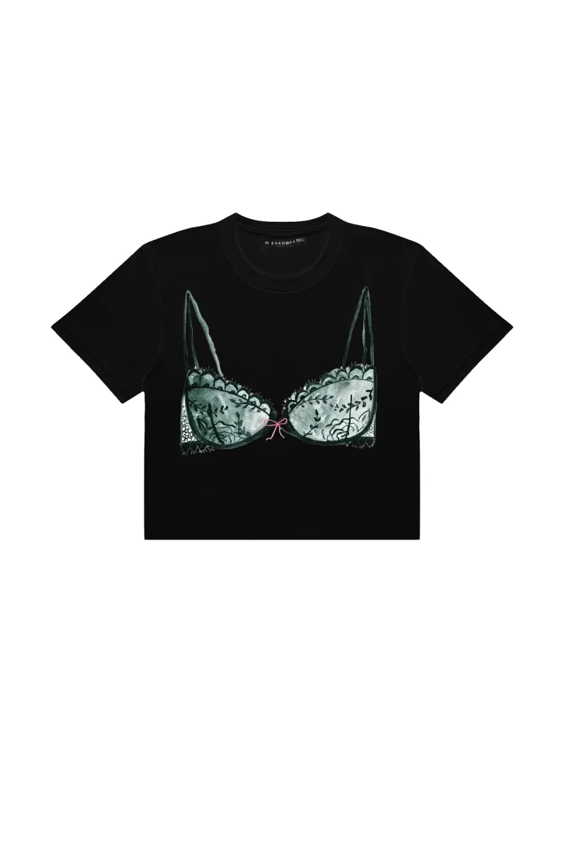 Fiyonk Desen Bikini Baskılı Siyah Crop Top