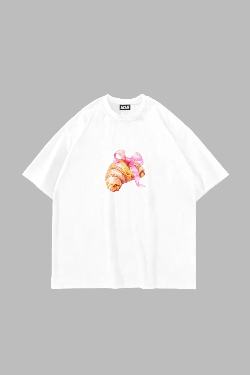 Fiyonk Kruvasan Baskılı Oversize Unisex Beyaz Tshirt