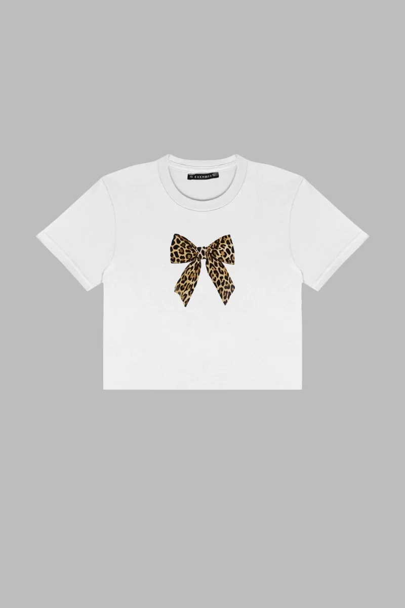 Fiyonk Leopar Baskılı Beyaz Crop Top