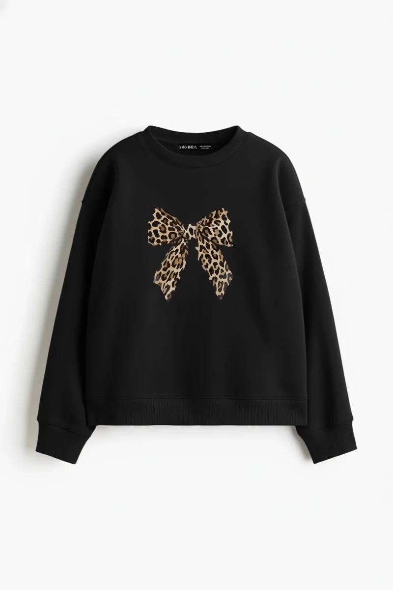 Fiyonk Leopar Baskılı Kapüşonsuz Relaxed Fit Kadın Siyah Sweatshirt