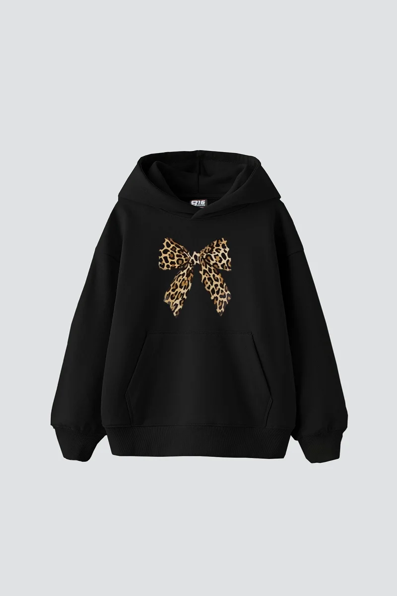 Fiyonk Leopar Baskılı Oversize Unisex Premium Siyah Hoodie