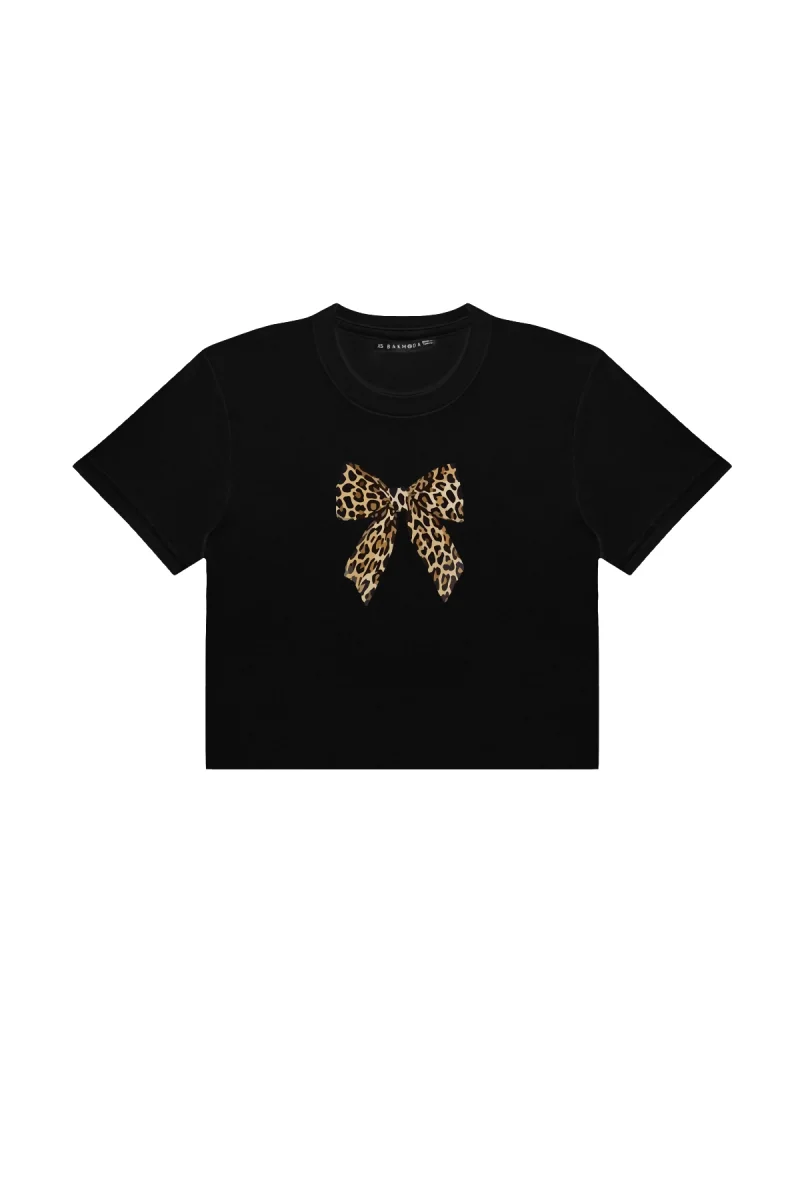 Fiyonk Leopar Baskılı Siyah Crop Top
