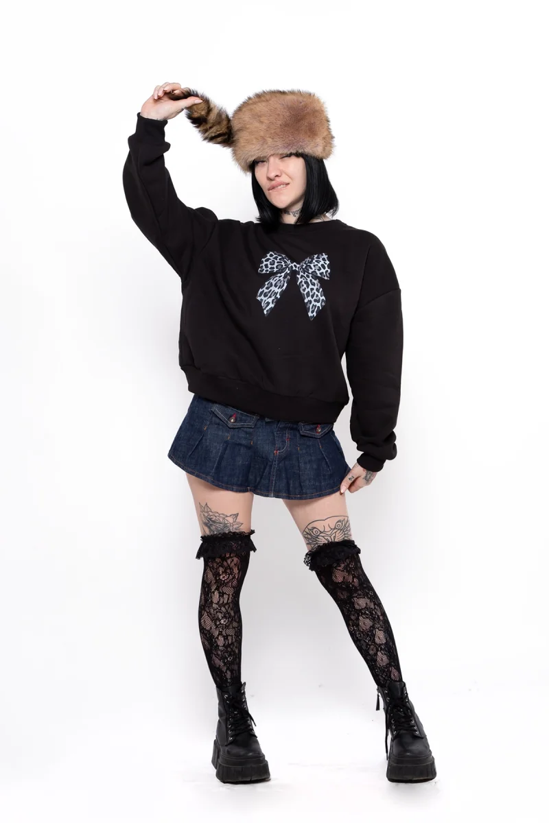 Fiyonk Leopar V2 Baskılı Kapüşonsuz Relaxed Fit Kadın Siyah Sweatshirt