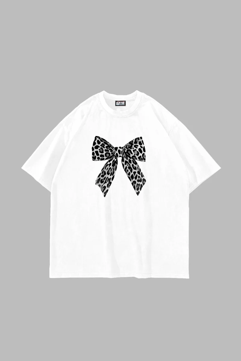 Fiyonk Leopar V2 Baskılı Oversize Unisex Beyaz Tshirt