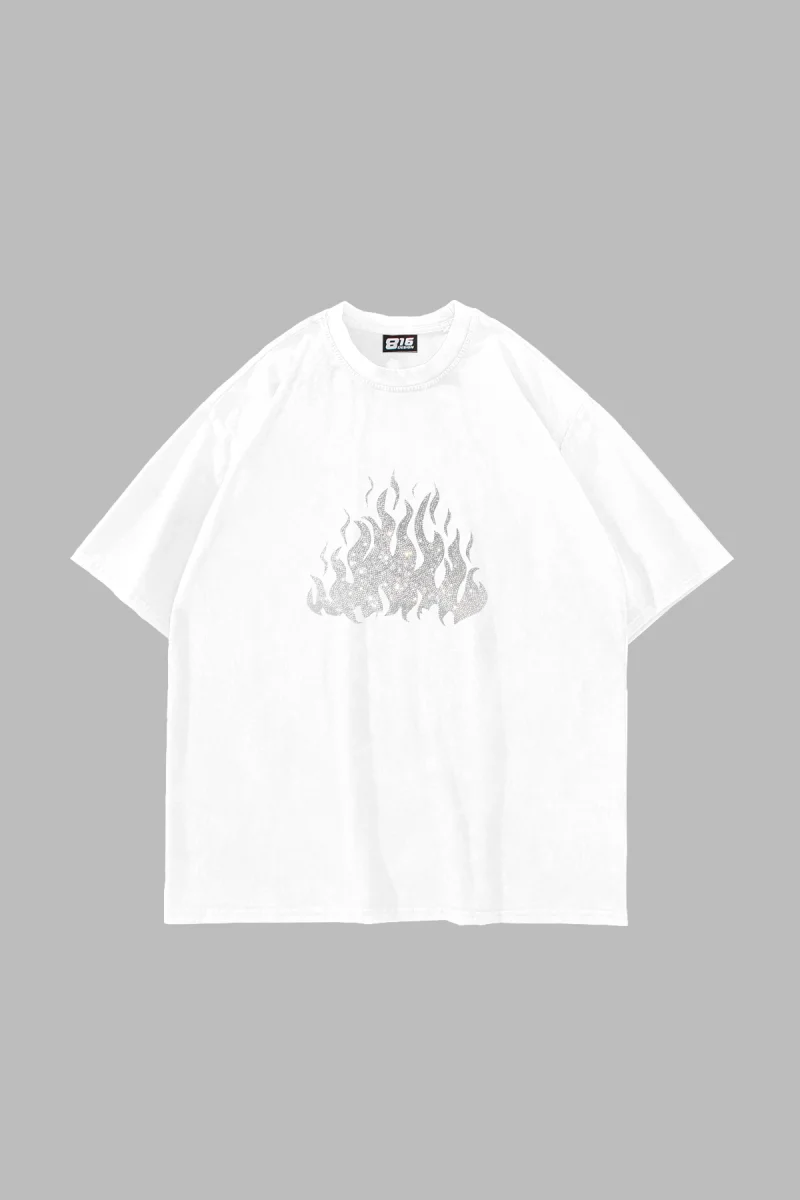 Flame Taş Baskılı Oversize Unisex Beyaz Tshirt