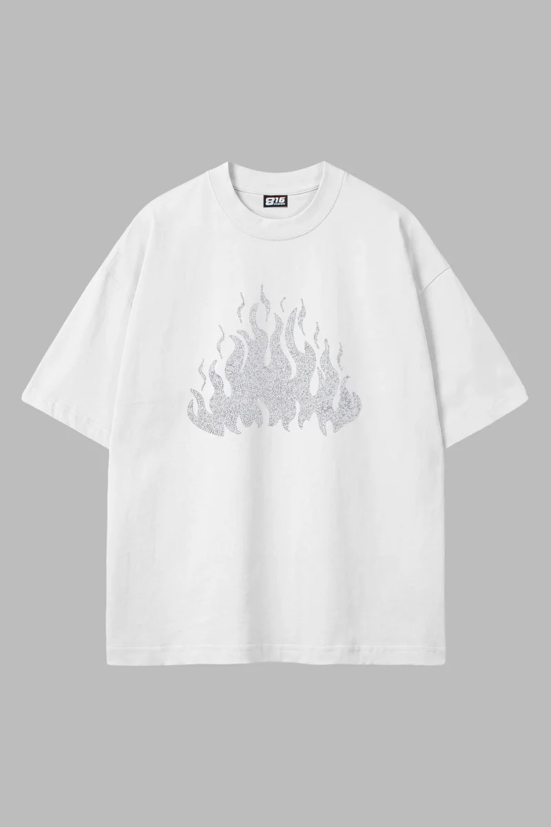 Flame Taş Baskılı Oversize Unisex Beyaz Tshirt