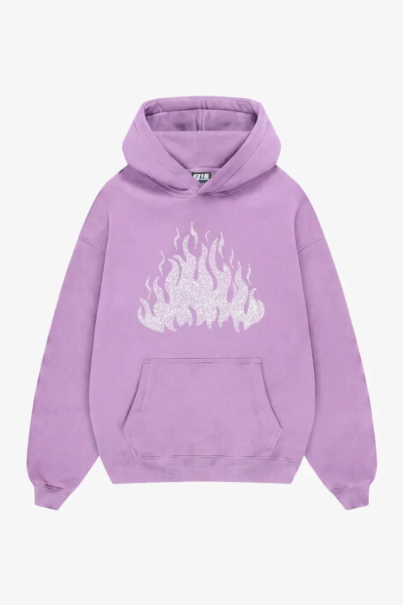 Flame Taş Baskılı Oversize Unisex Mor Hoodie