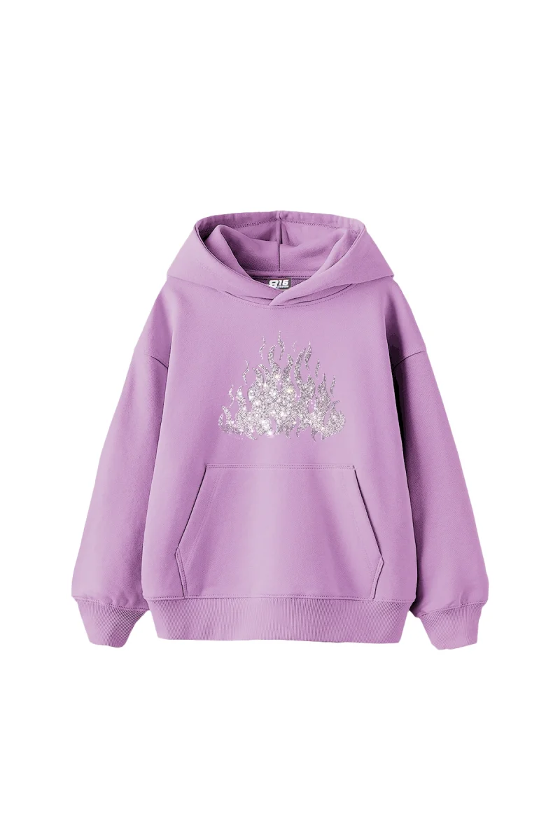 Flame Taş Baskılı Oversize Unisex Mor Hoodie