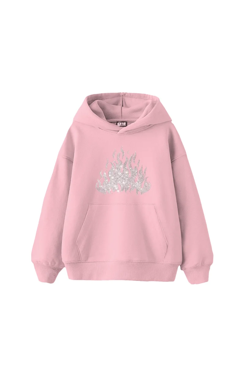 Flame Taş Baskılı Oversize Unisex Pembe Hoodie