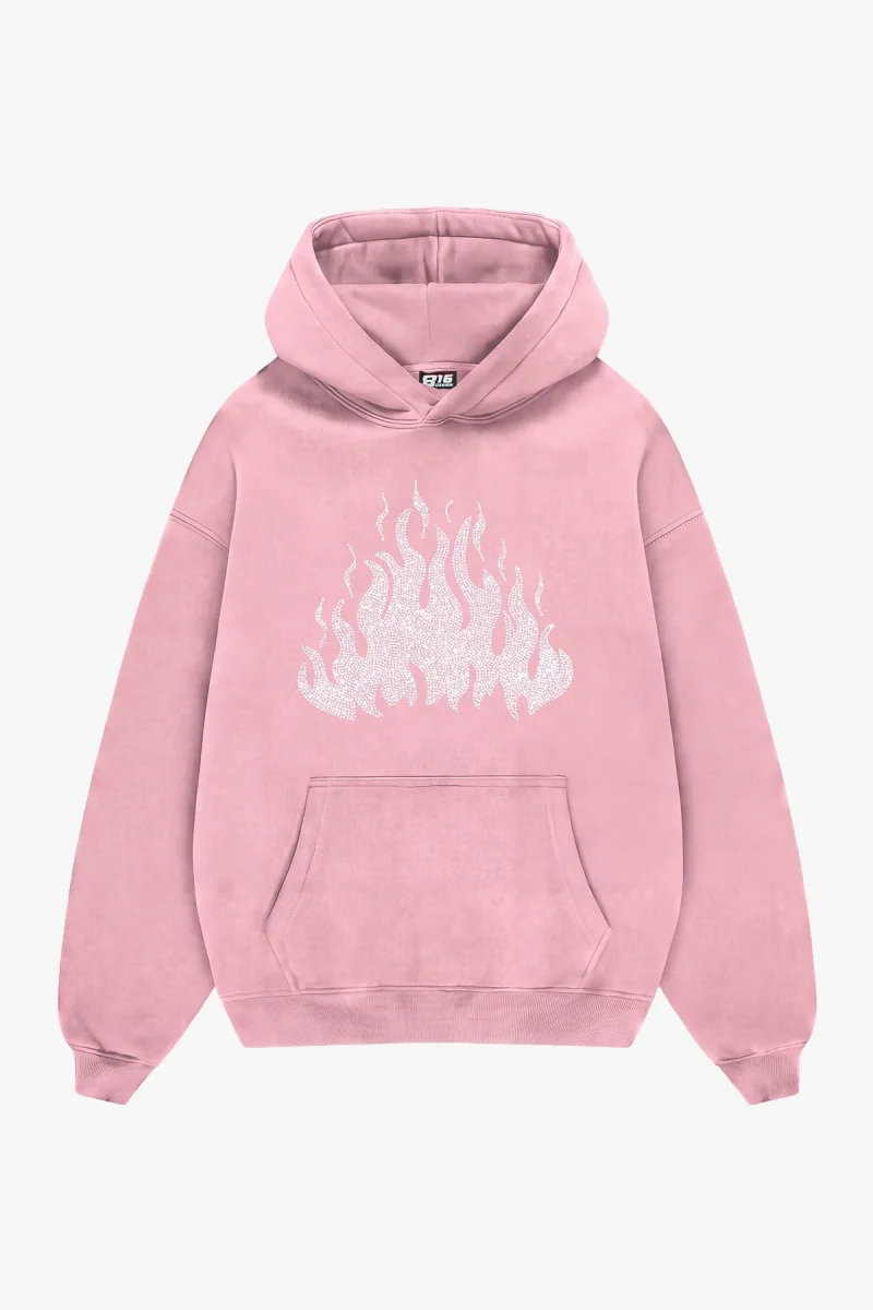 Flame Taş Baskılı Oversize Unisex Pembe Hoodie