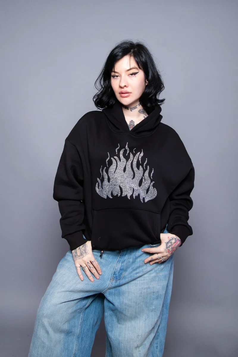 Flame Taş Baskılı Oversize Unisex Siyah Hoodie