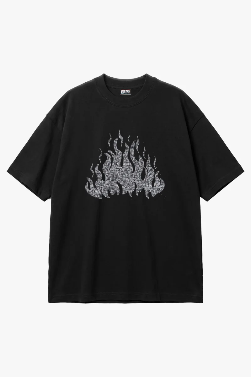 Flame Taş Baskılı Oversize Unisex Siyah Tshirt