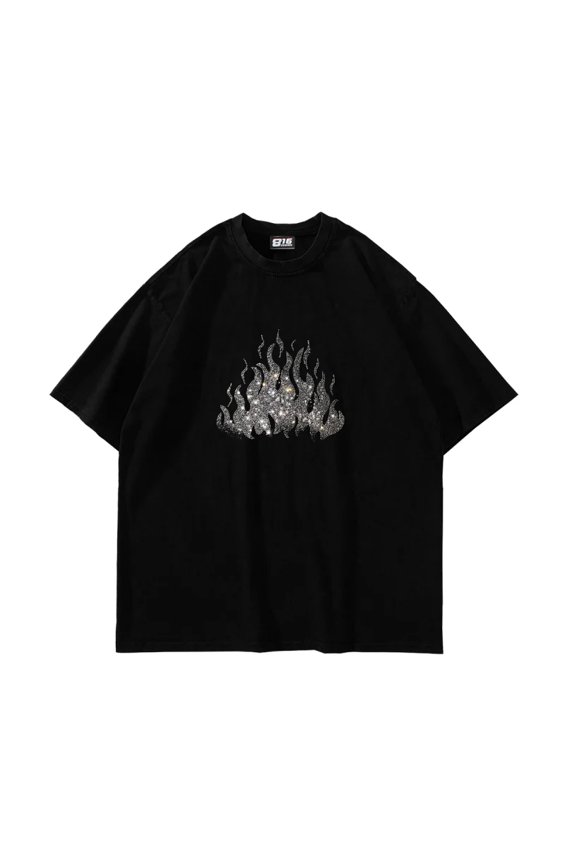 Flame Taş Baskılı Oversize Unisex Siyah Tshirt