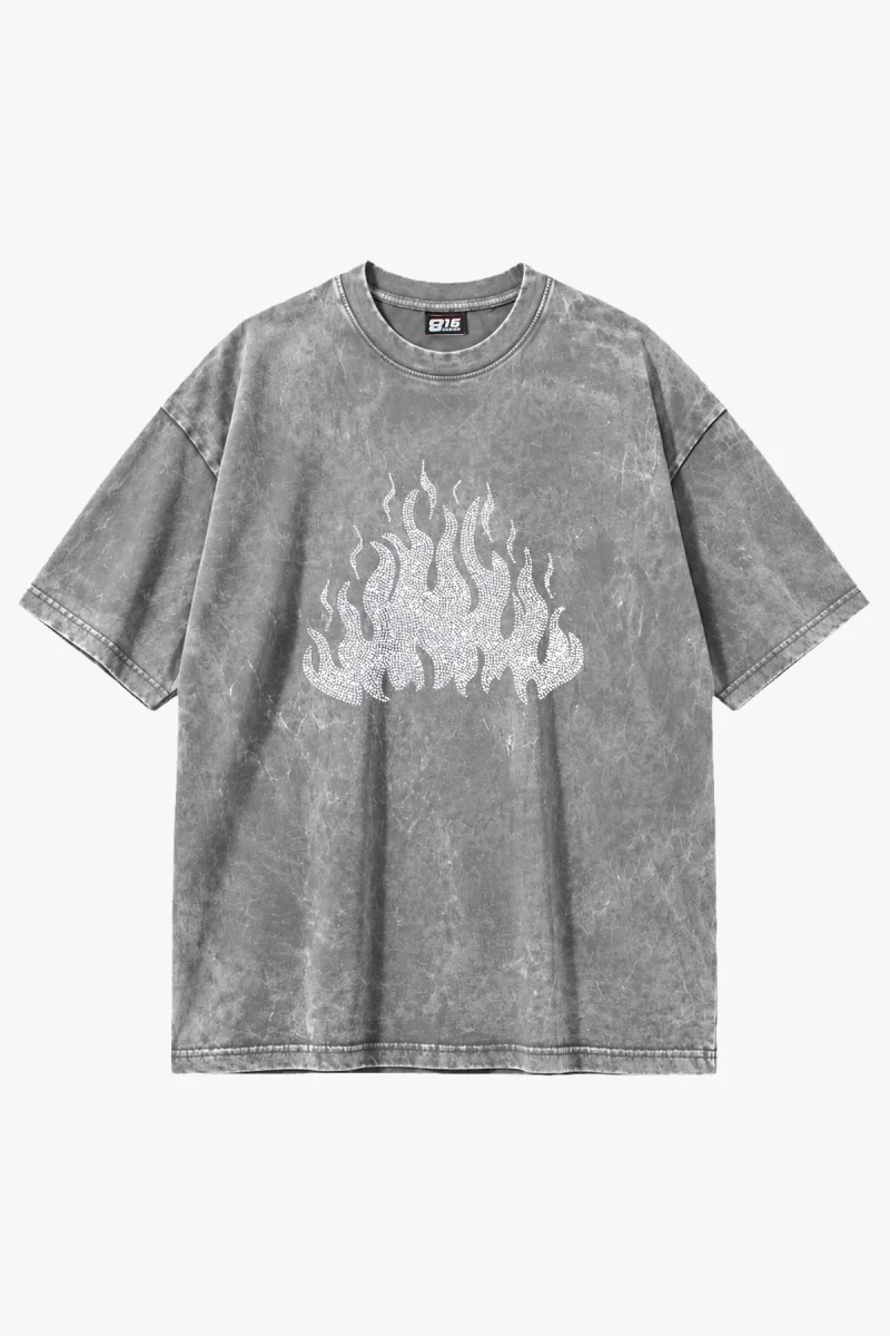 Flame Taş Baskılı Oversize Unisex Yıkamalı Beyaz Tshirt