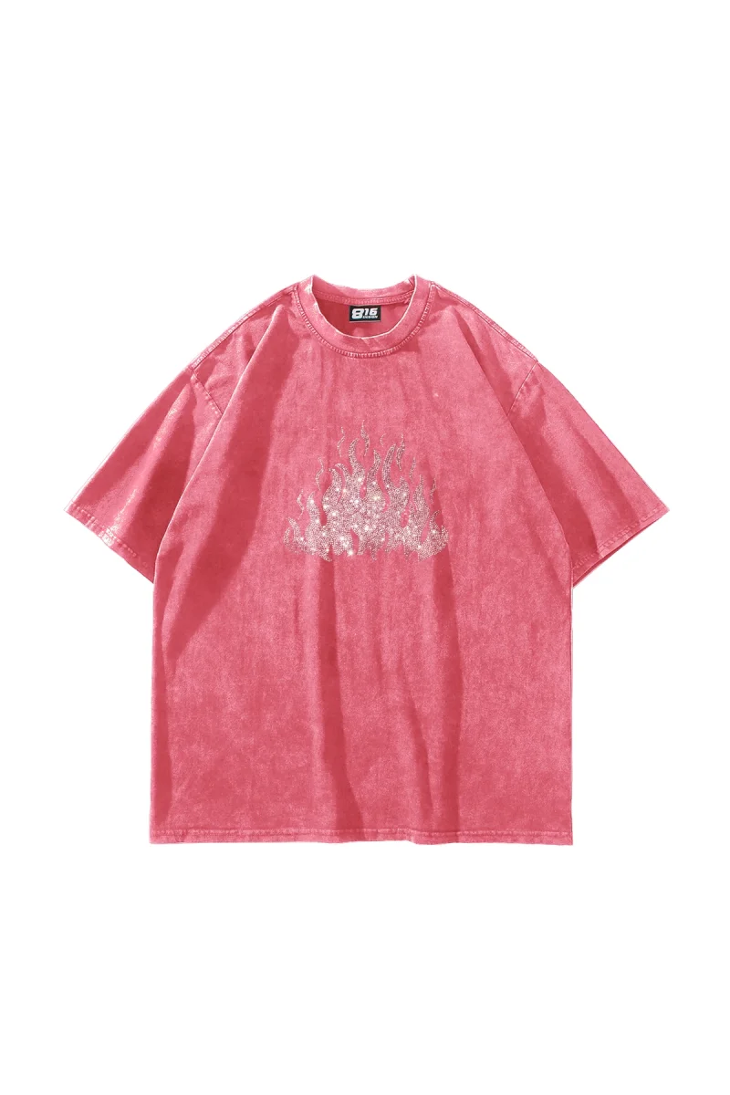 Flame Taş Baskılı Oversize Unisex Yıkamalı Pembe Tshirt