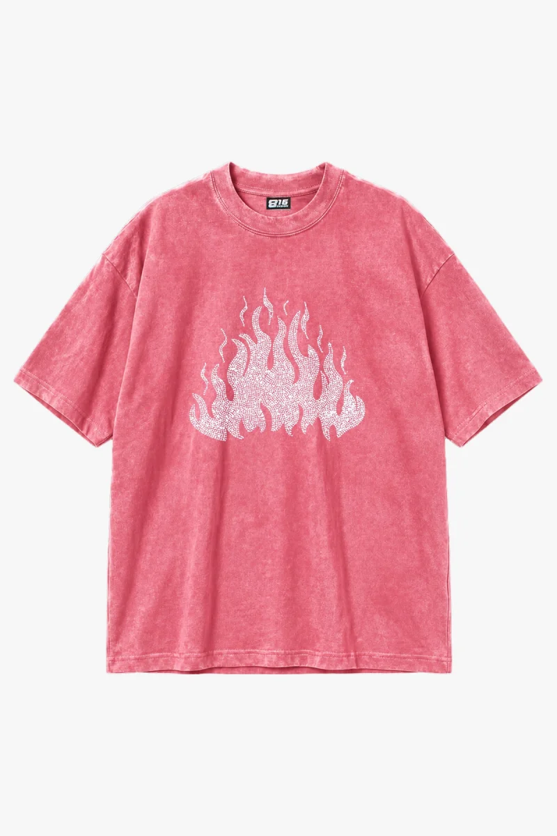 Flame Taş Baskılı Oversize Unisex Yıkamalı Pembe Tshirt