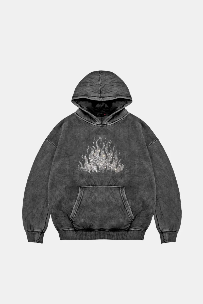 Flame Taş Baskılı Oversize Unisex Yıkamalı Siyah Hoodie
