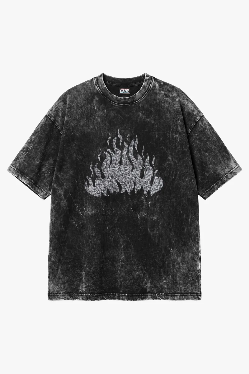 Flame Taş Baskılı Oversize Unisex Yıkamalı Siyah Tshirt