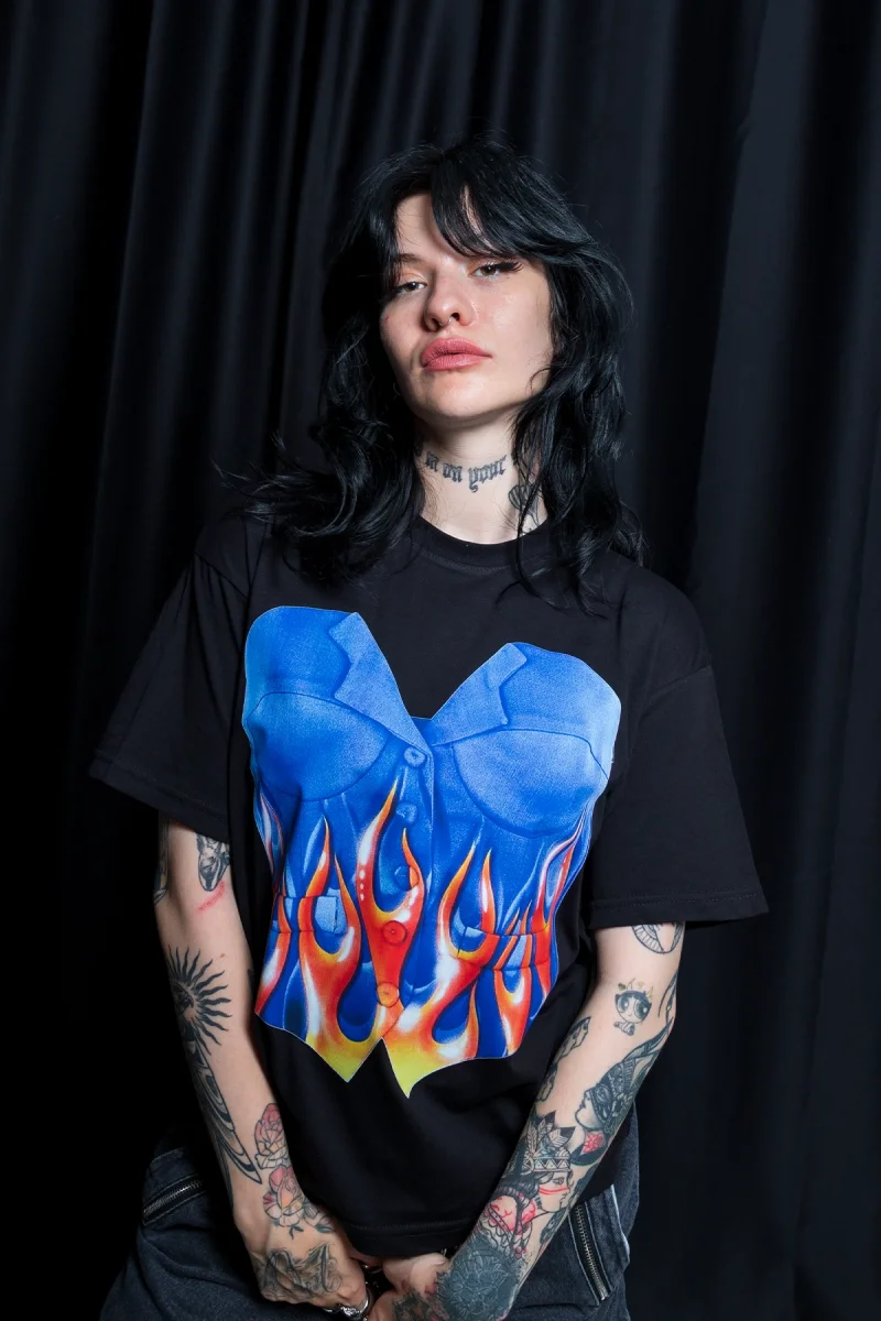 Flame Top Baskılı Relaxed Fit Siyah Kadın Tshirt