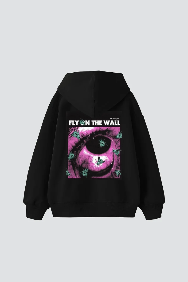 Fly On The Wall Baskılı Oversize Unisex Siyah Hoodie