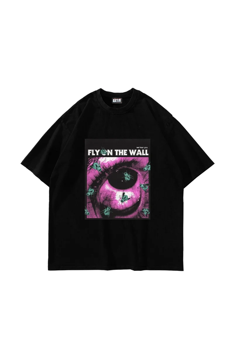 Fly On The Wall Baskılı Oversize Unisex Siyah Tshirt
