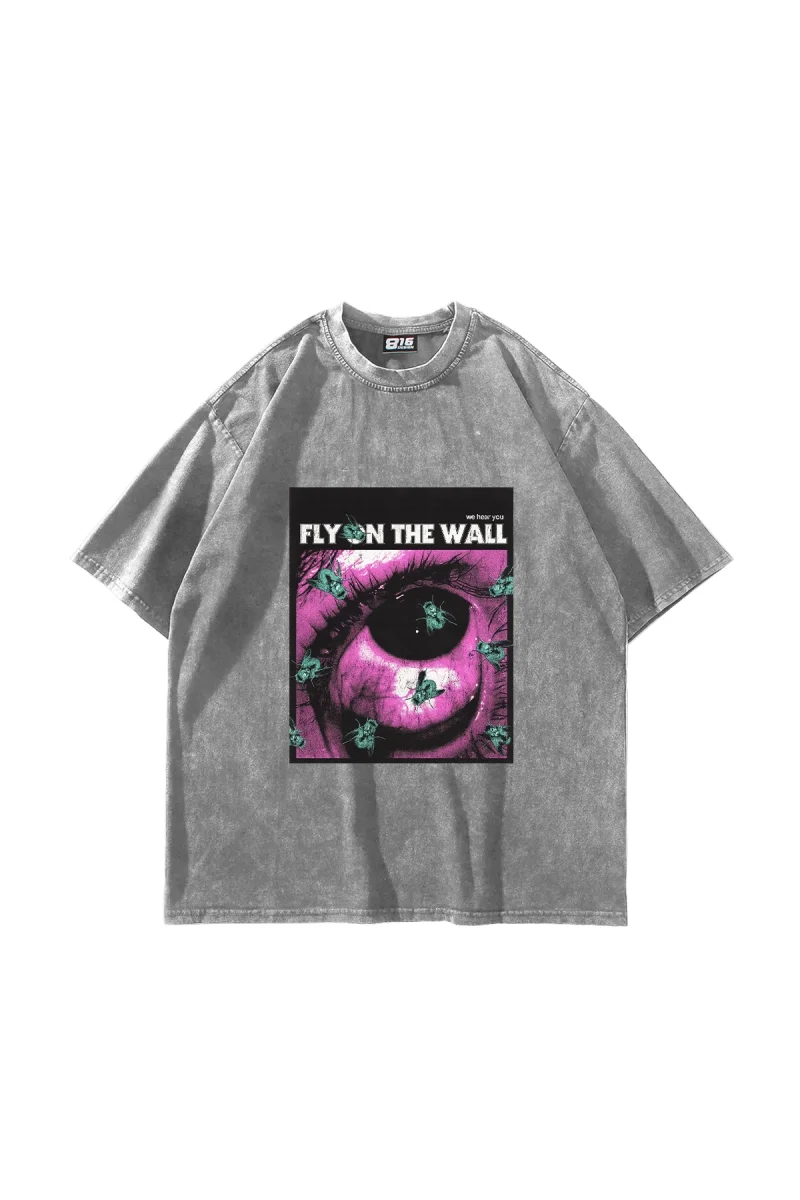 Fly On The Wall Baskılı Oversize Unisex Yıkamalı Beyaz Tshirt