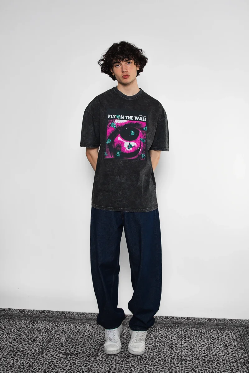 Fly On The Wall Baskılı Oversize Unisex Yıkamalı Siyah Tshirt