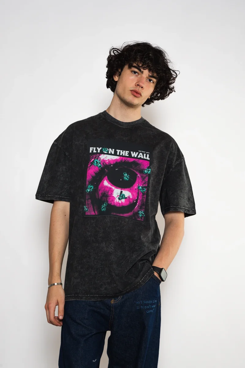 Fly On The Wall Baskılı Oversize Unisex Yıkamalı Siyah Tshirt