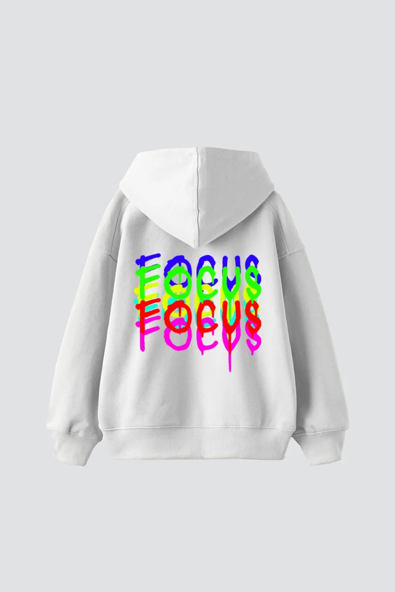 Focus Baskılı Oversize Unisex Beyaz Hoodie