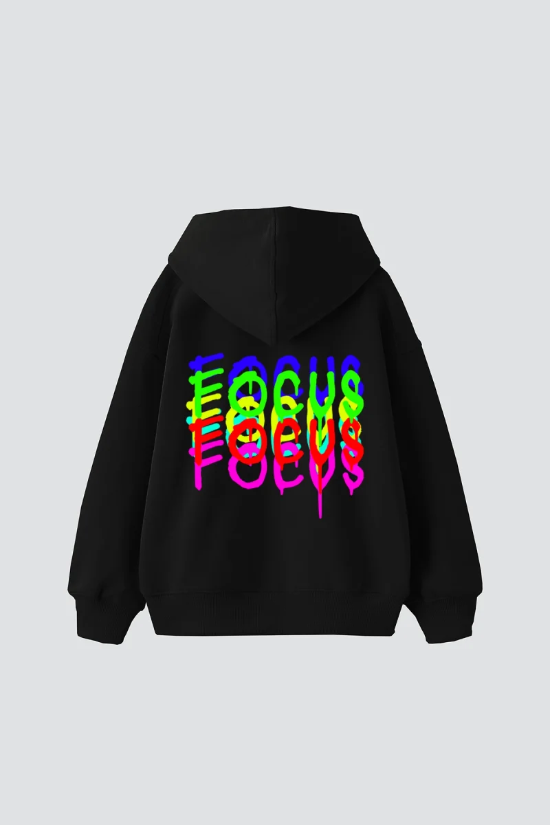 Focus Baskılı Oversize Unisex Siyah Hoodie