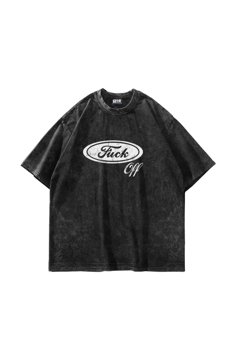 Ford Parodi Logo Baskılı Oversize Unisex Yıkamalı Siyah Tshirt