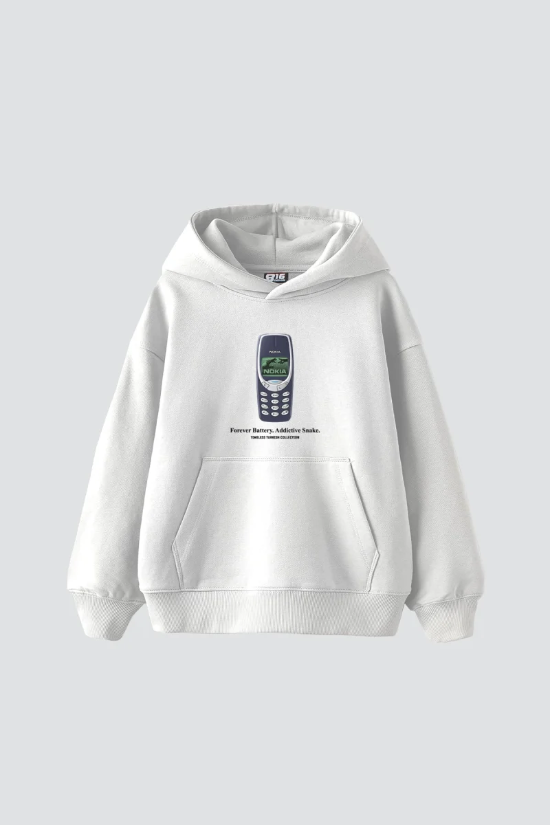 Forever Battery Baskılı Oversize Unisex Beyaz Hoodie