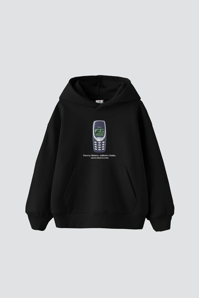 Forever Battery Baskılı Oversize Unisex Siyah Hoodie