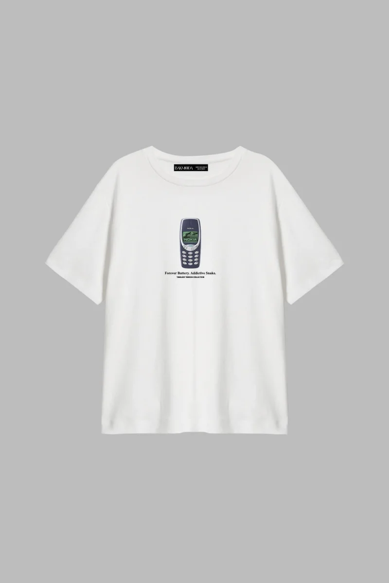 Forever Battery Baskılı Relaxed Fit Beyaz Kadın Tshirt