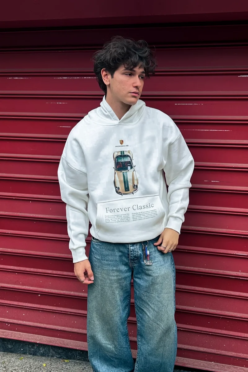 Forever Classic Baskılı Oversize Unisex Beyaz Hoodie