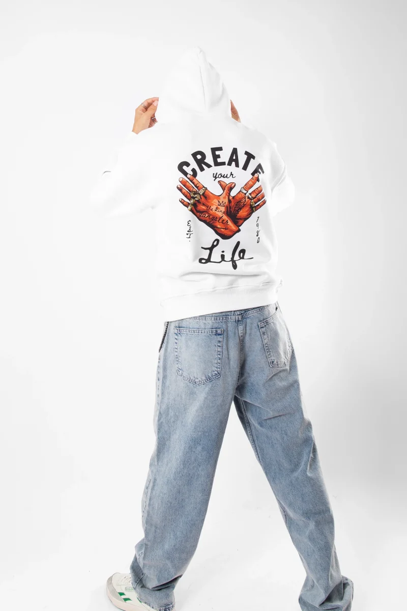 Free Gangster Baskılı Oversize Unisex Beyaz Hoodie