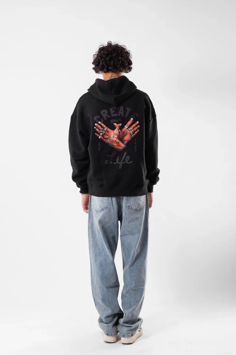 Free Gangster Baskılı Oversize Unisex Siyah Hoodie