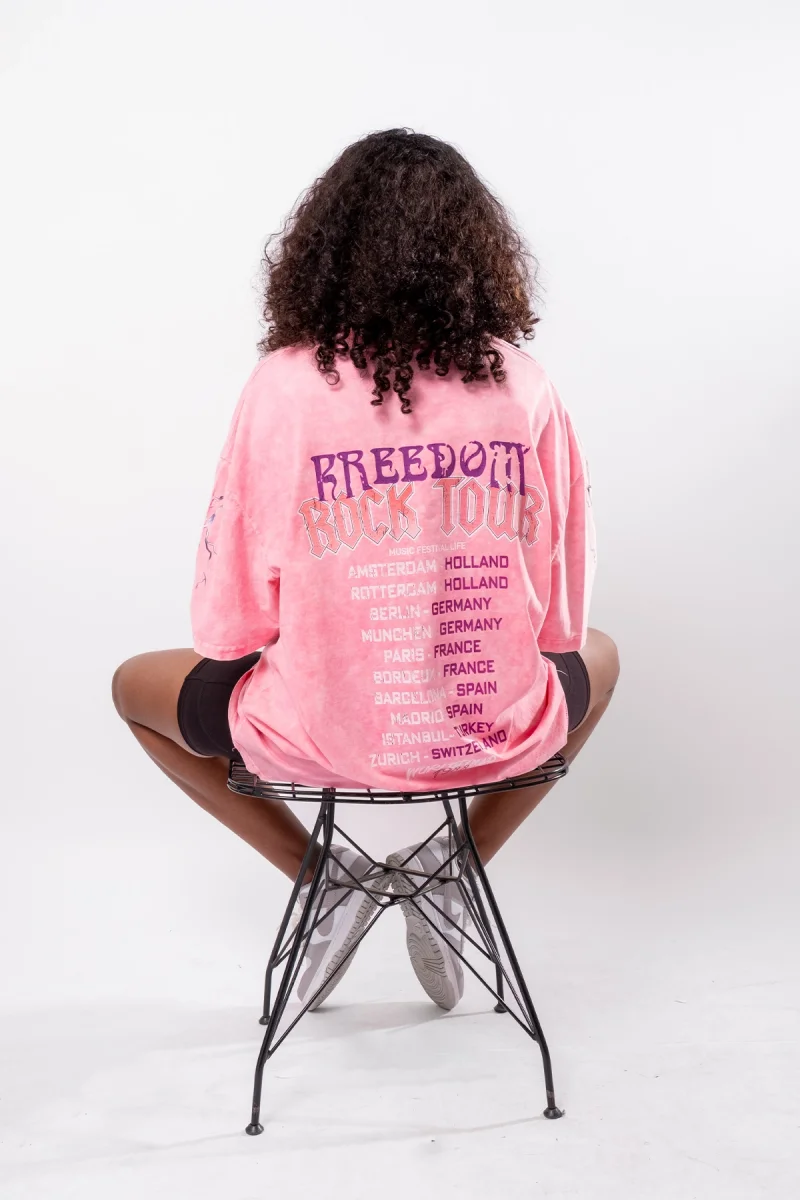 Freedom Rock Tour Baskılı Oversize Unisex Yıkamalı Pembe Tshirt
