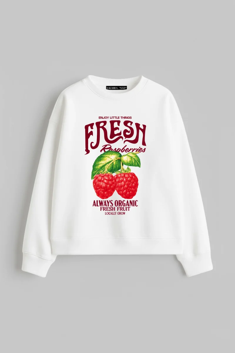 Fresh Raspberry Baskılı Kapüşonsuz Relaxed Fit Kadın Beyaz Sweatshirt