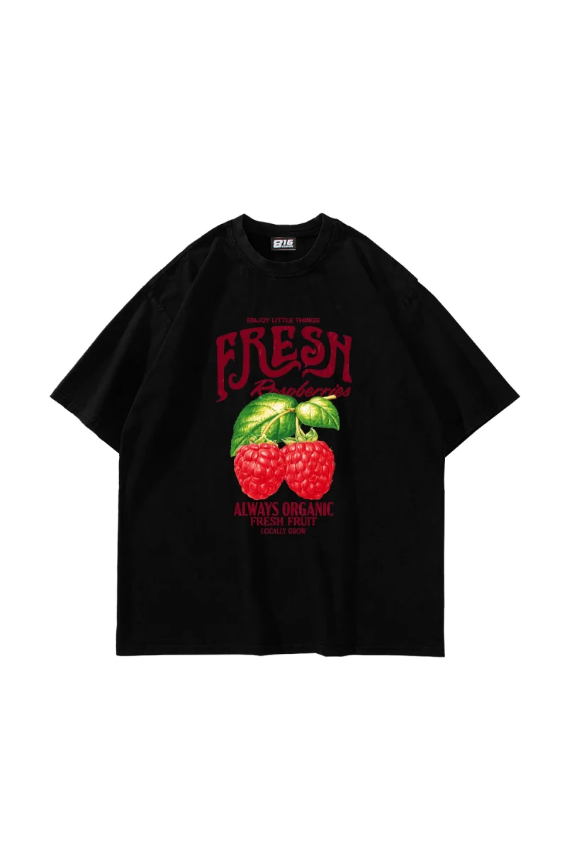 Fresh Raspberry Baskılı Oversize Unisex Siyah Tshirt