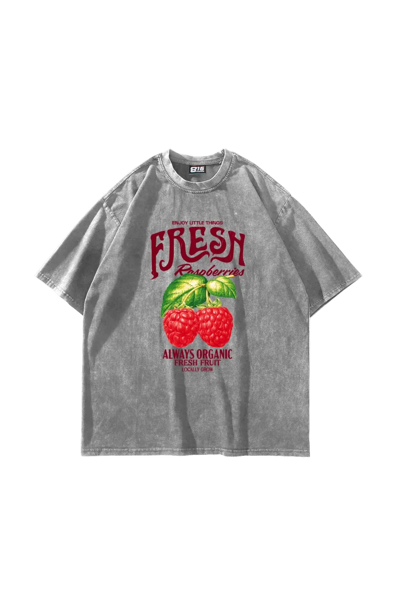 Fresh Raspberry Baskılı Oversize Unisex Yıkamalı Beyaz Tshirt