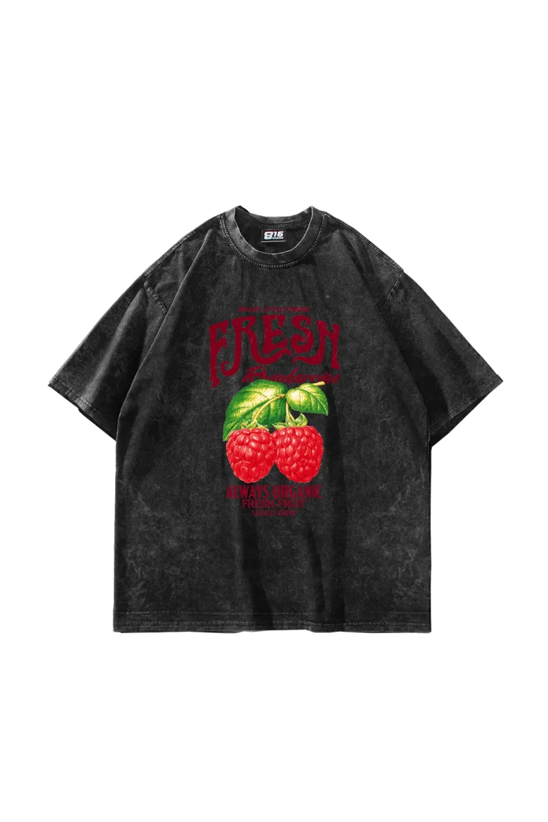 Fresh Raspberry Baskılı Oversize Unisex Yıkamalı Siyah Tshirt